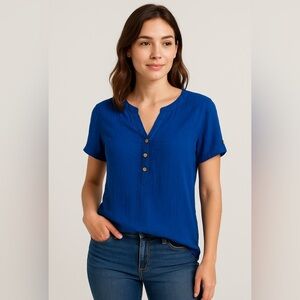 anthropologie Naif Blue Crinkle Gauze Blouse Art To Wear Preppy Coastal Beach PM